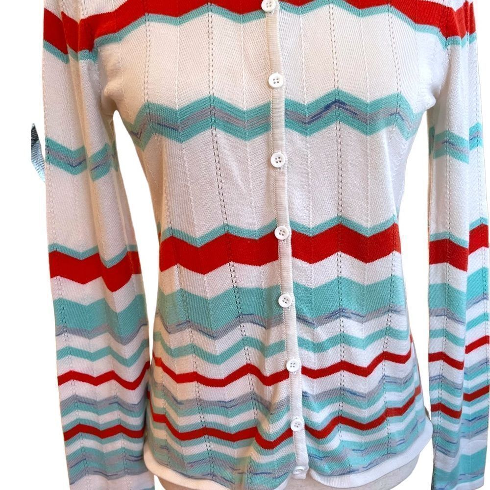 Saks Fifth Avenue Black Label Chevron Spring Lightweight Knit Cardigan Sweater - Picture 2 of 9